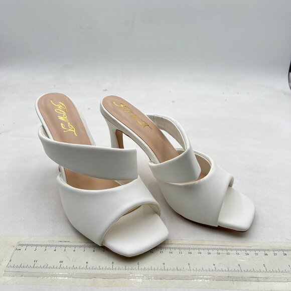 FOWT White Square Open Toe Cushioned Strap Block High Heel Slippers Slip on Mule - Picture 4 of 8